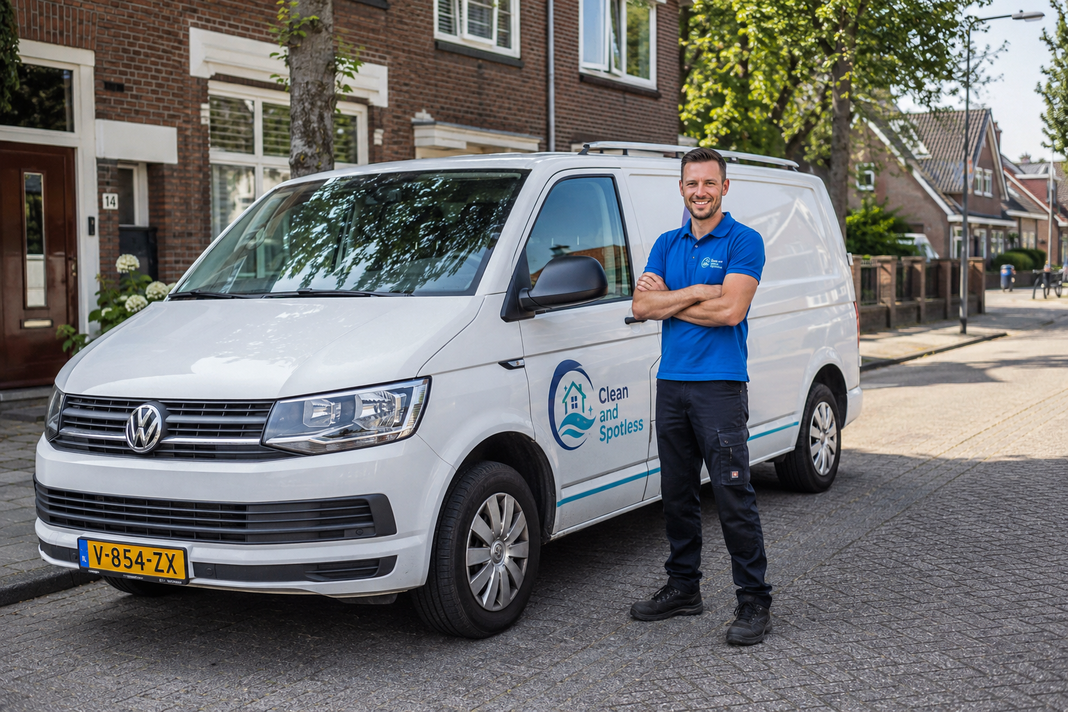 Clean and Spotless medewerker met bestelbus op locatie